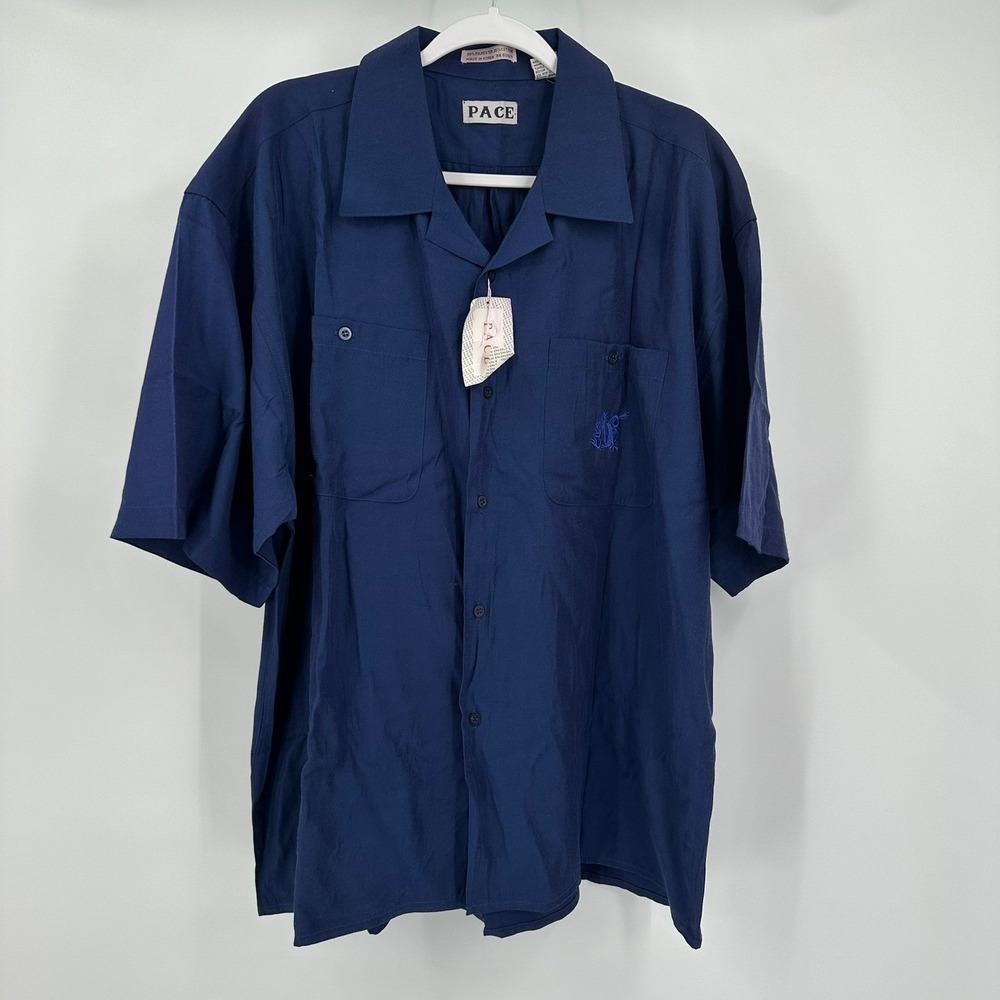 Pace Mens Vintage 90s Camp Button Up Shirt SIze XL Minimalist Short Sleeve Blue